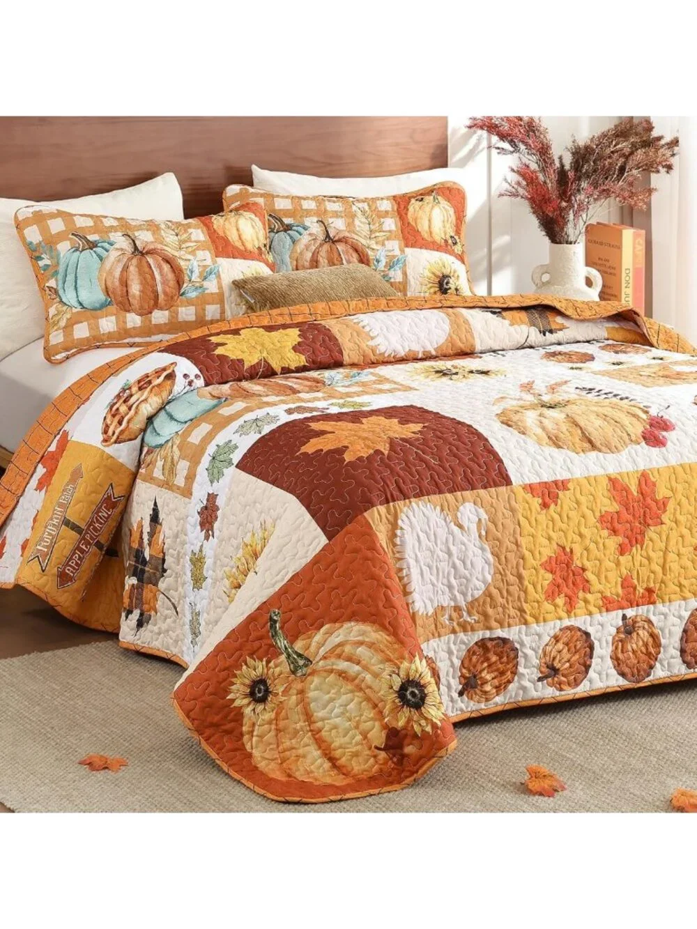 Cozy Fall Thanksgiving Queen Quilt - Pumpkin & Maple Leaves Bedspread Decor